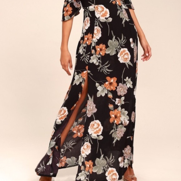 Lulu’s Black Floral Maxi Open Shoulder - Picture 3 of 7